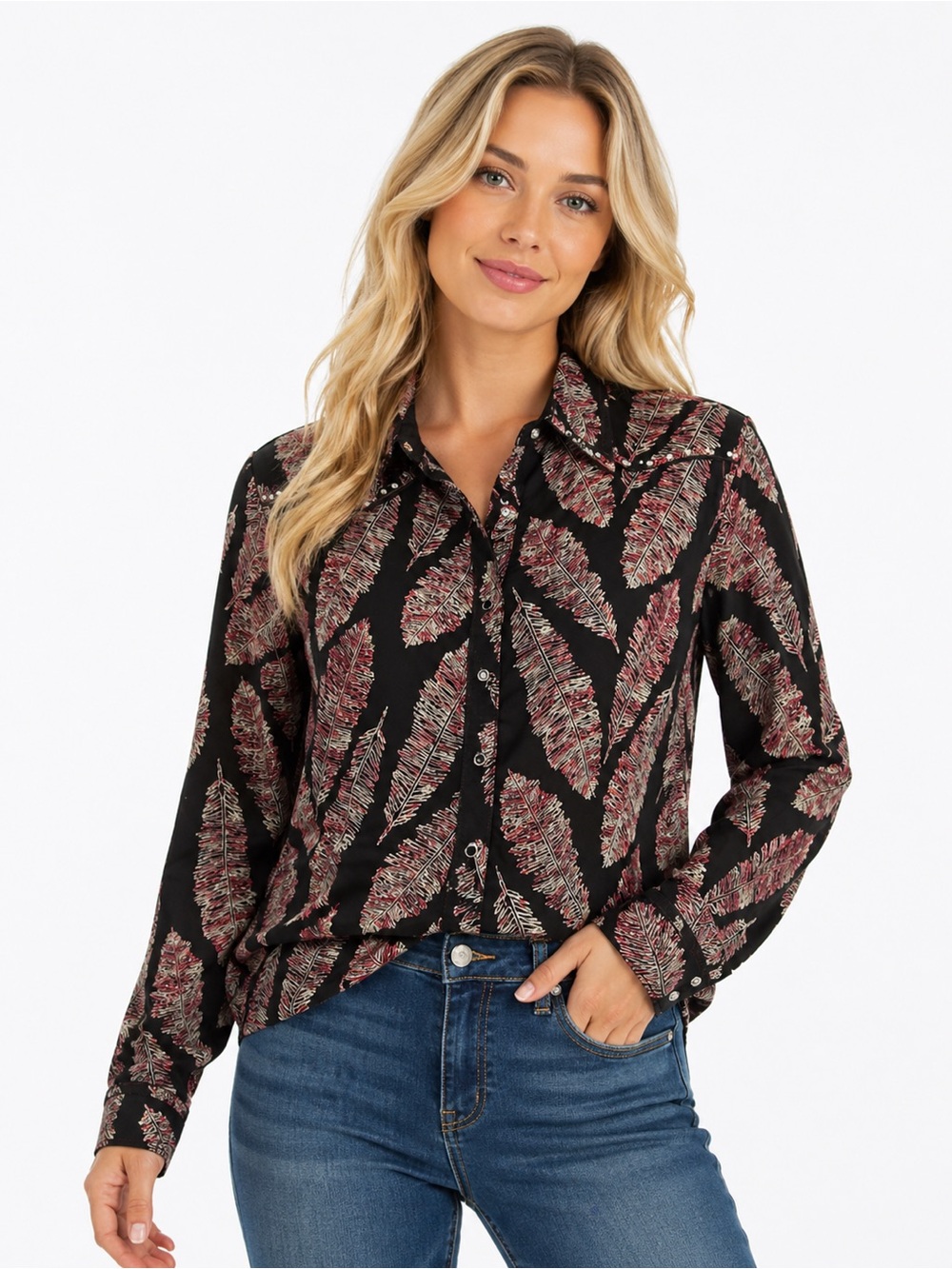 Twenty X Western Feather Print Snap Button Rhinestones Long Sleeve Shirt
